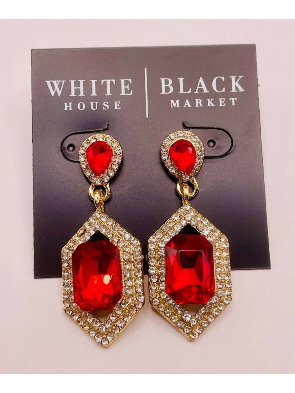 New White House Black Market Statement Dangle Earrings Red & Gold Crystals -22B